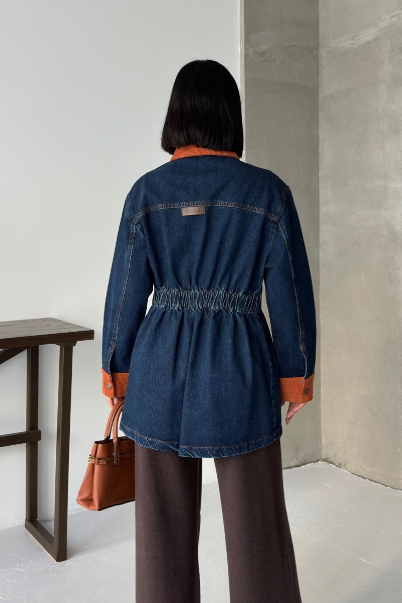 Kadife Detaylı Fermuarlı Kot Ceket