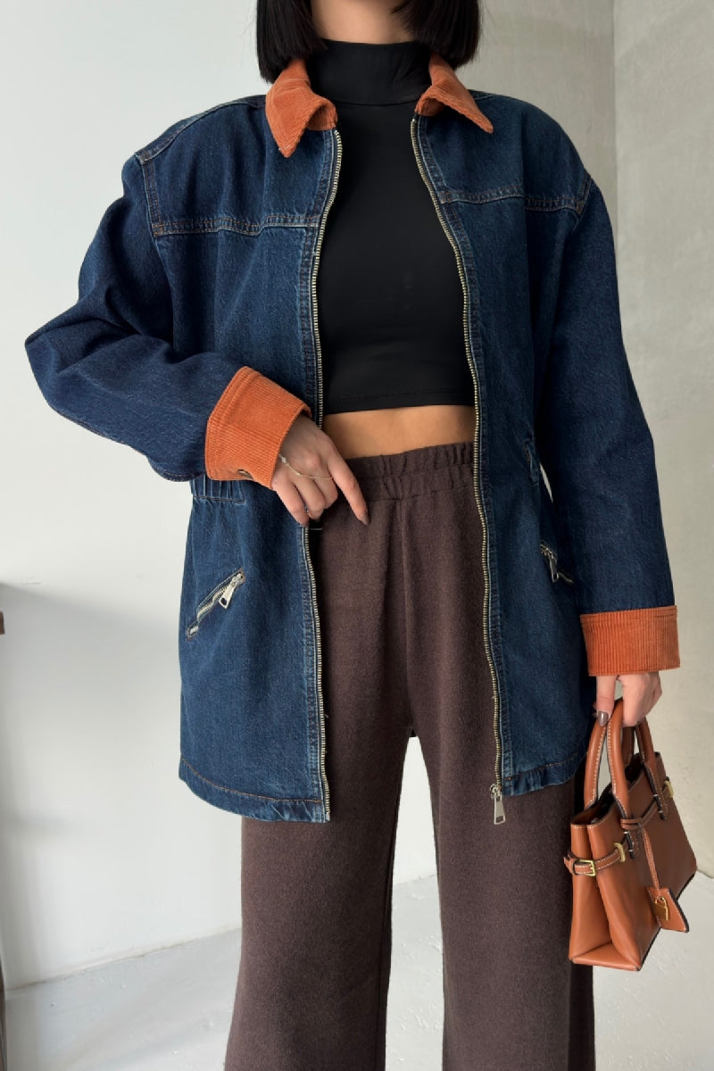 Kadife Detaylı Fermuarlı Kot Ceket