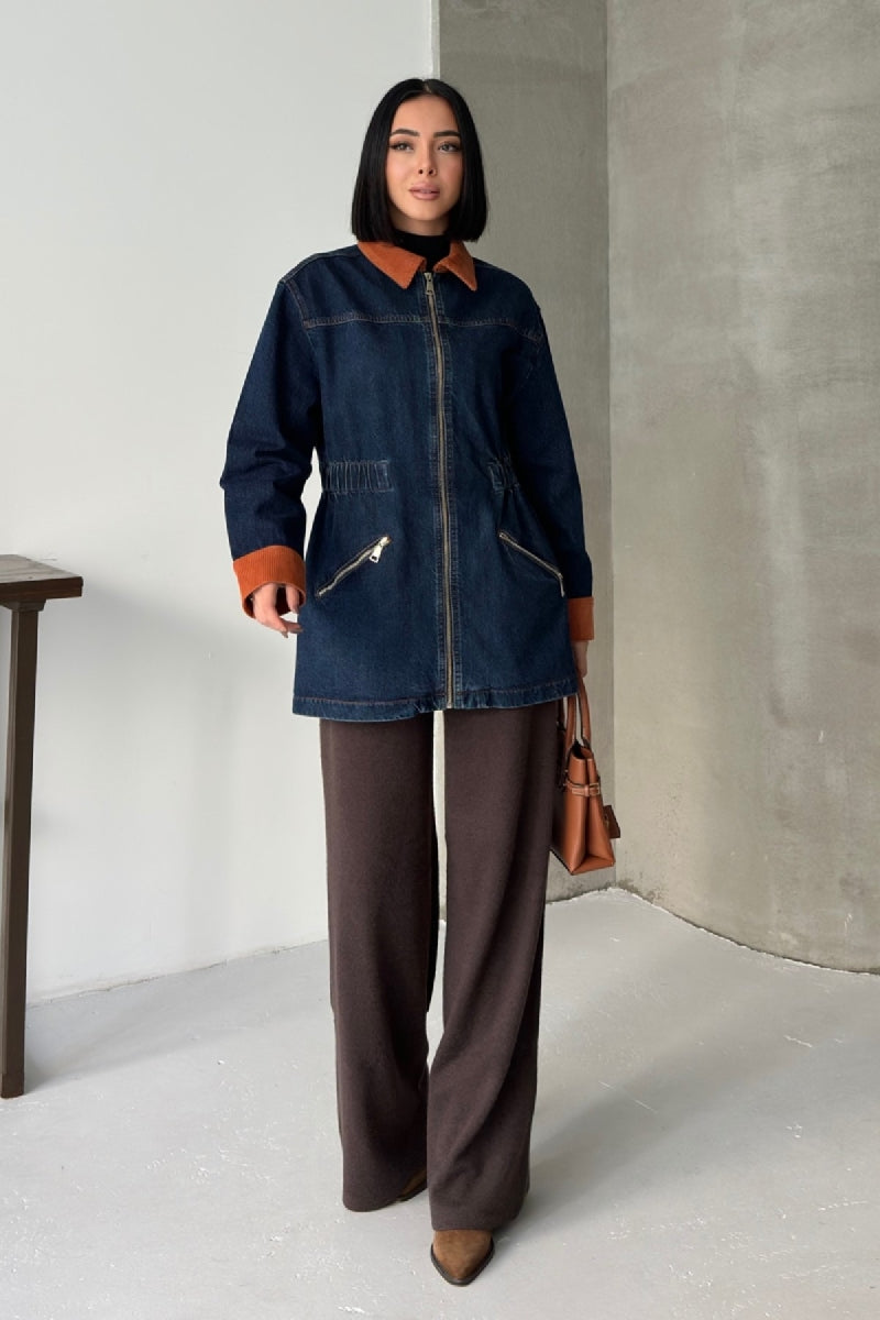 Kadife Detaylı Fermuarlı Kot Ceket