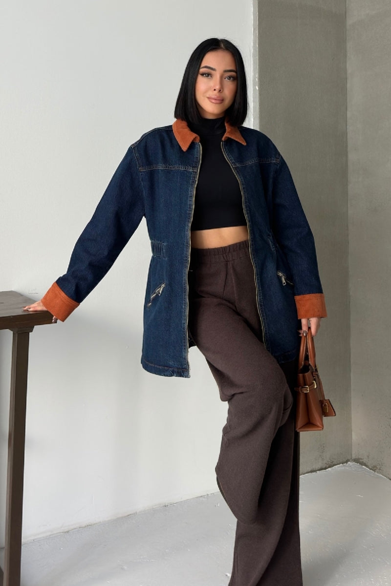 Kadife Detaylı Fermuarlı Kot Ceket