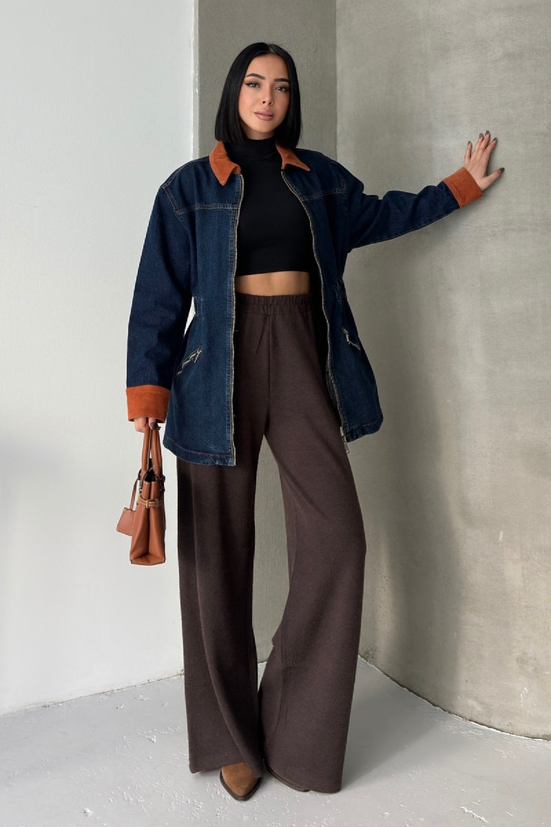 Kadife Detaylı Fermuarlı Kot Ceket