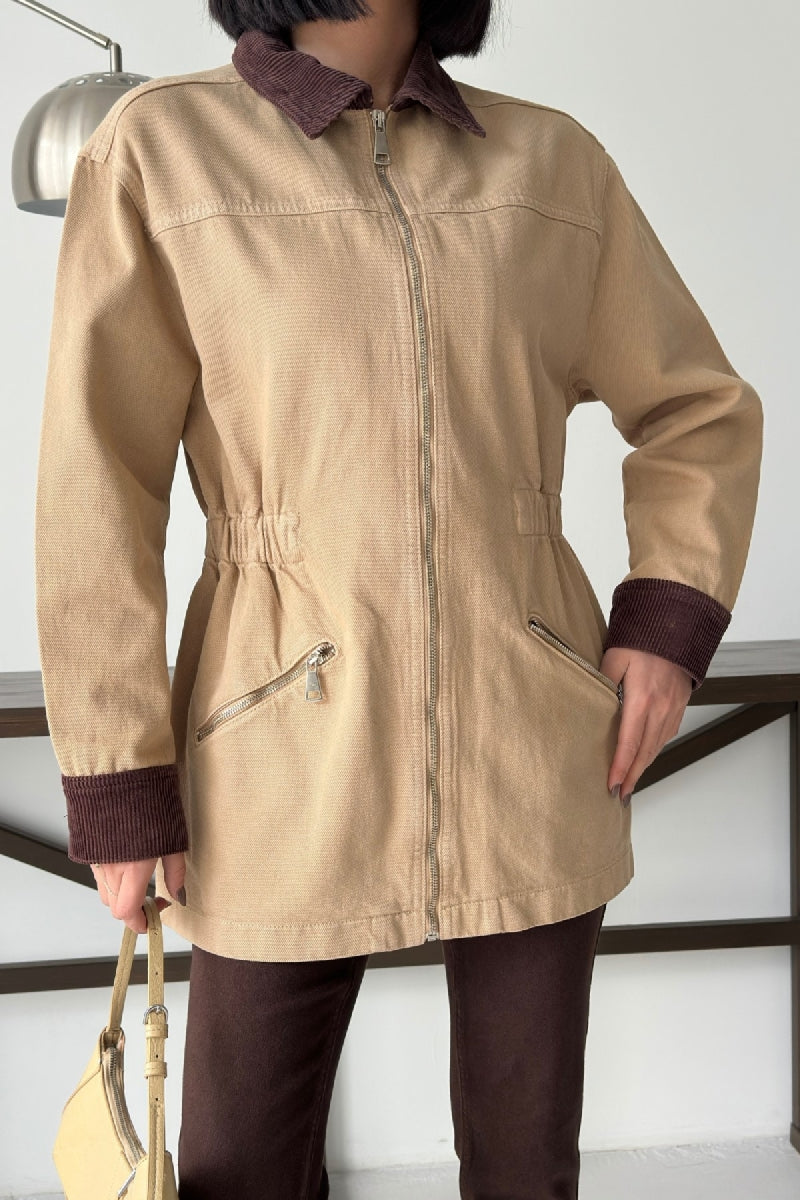 Kadife Detaylı Fermuarlı Kot Ceket