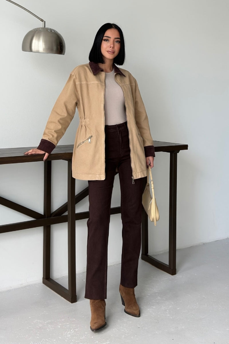 Kadife Detaylı Fermuarlı Kot Ceket