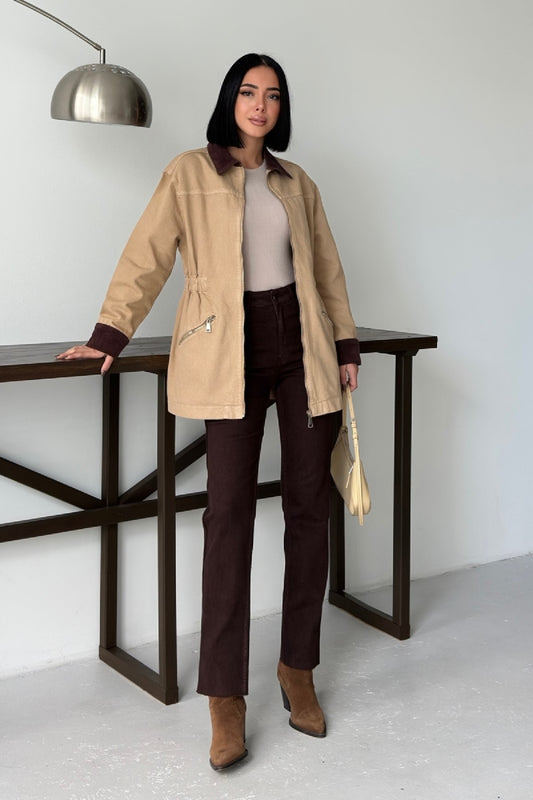 Kadife Detaylı Fermuarlı Kot Ceket