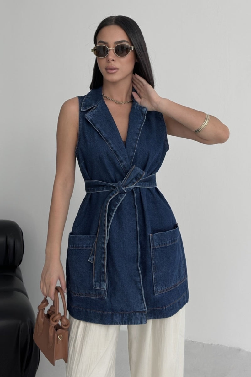 Kuşaklı Kruvaze Yaka Yelek