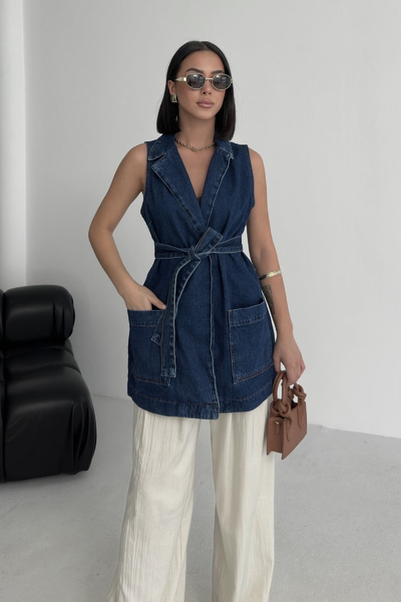 Kuşaklı Kruvaze Yaka Yelek