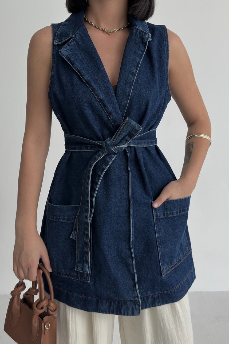 Kuşaklı Kruvaze Yaka Yelek