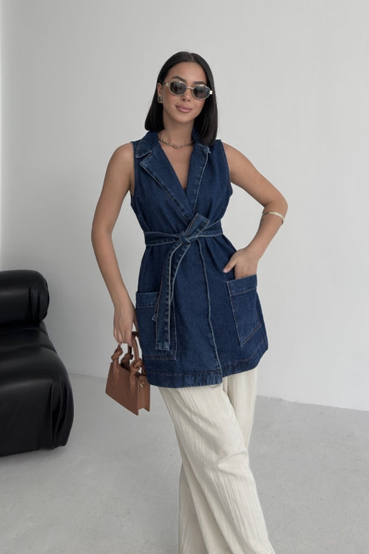 Kuşaklı Kruvaze Yaka Yelek