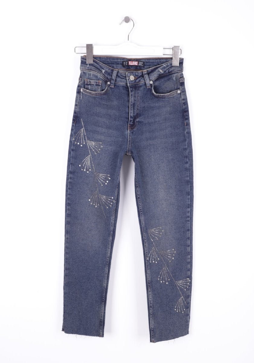 Çapraz Taşlı Mom Fit Kot Pantolon 7054