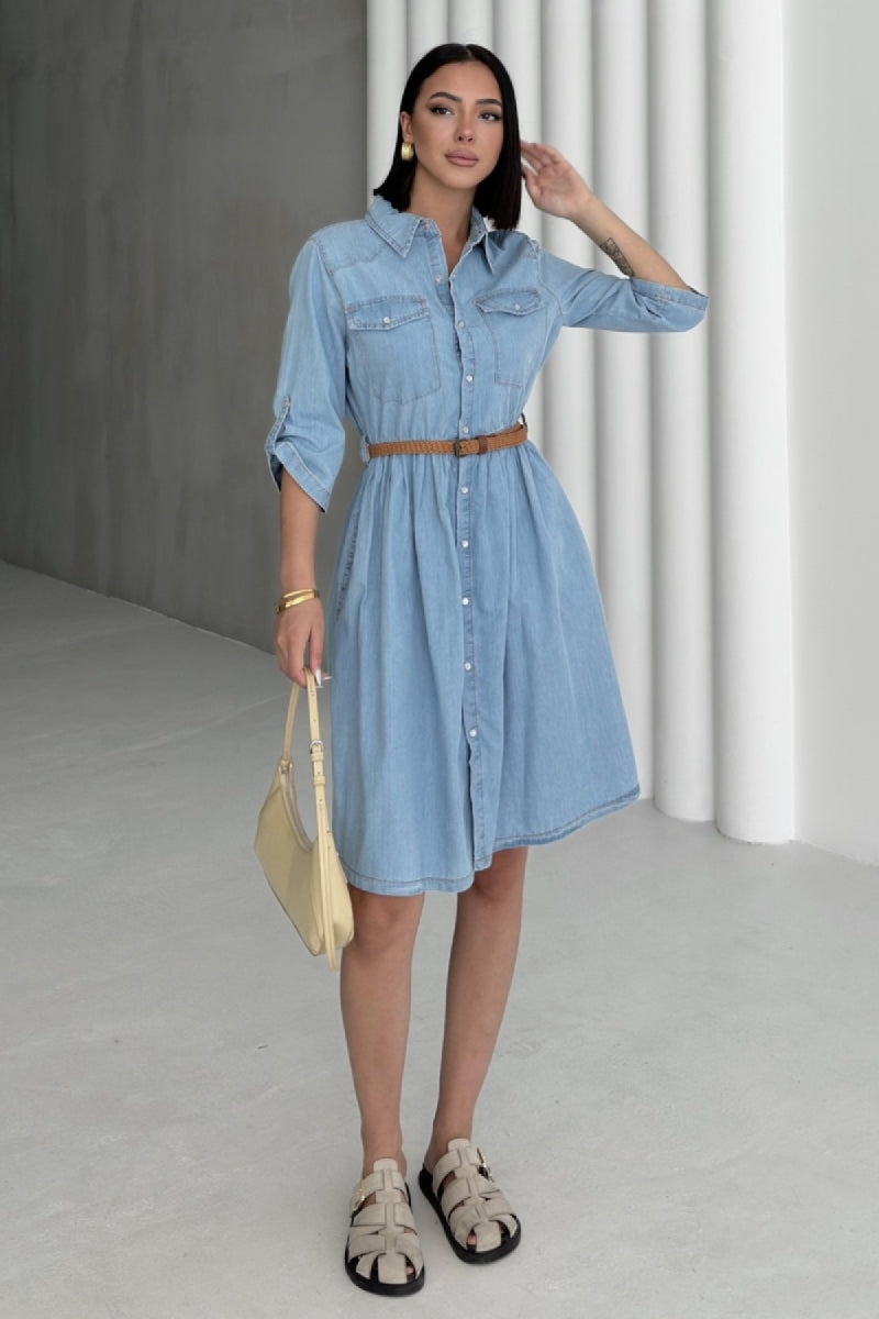 Büzgü Detaylı Kısa Kot Elbise 3040