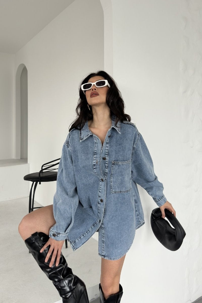 Düğmeli Oversize Kot Gömlek 6080