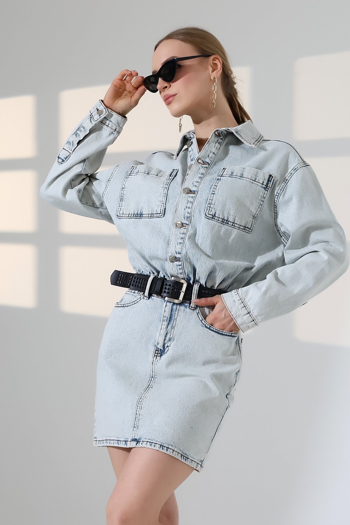 Düğmeli Mini Kot Elbise 3027