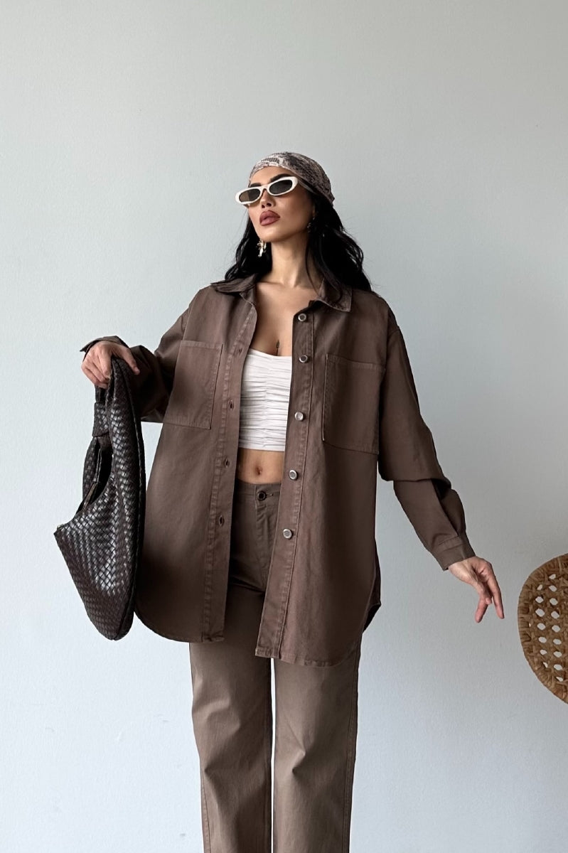 Düğmeli Oversize Kot Gömlek 6080