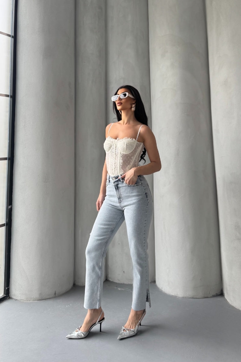 Yanı Yırtmaçlı Flare Paça Mom Kot Pantolon 1774