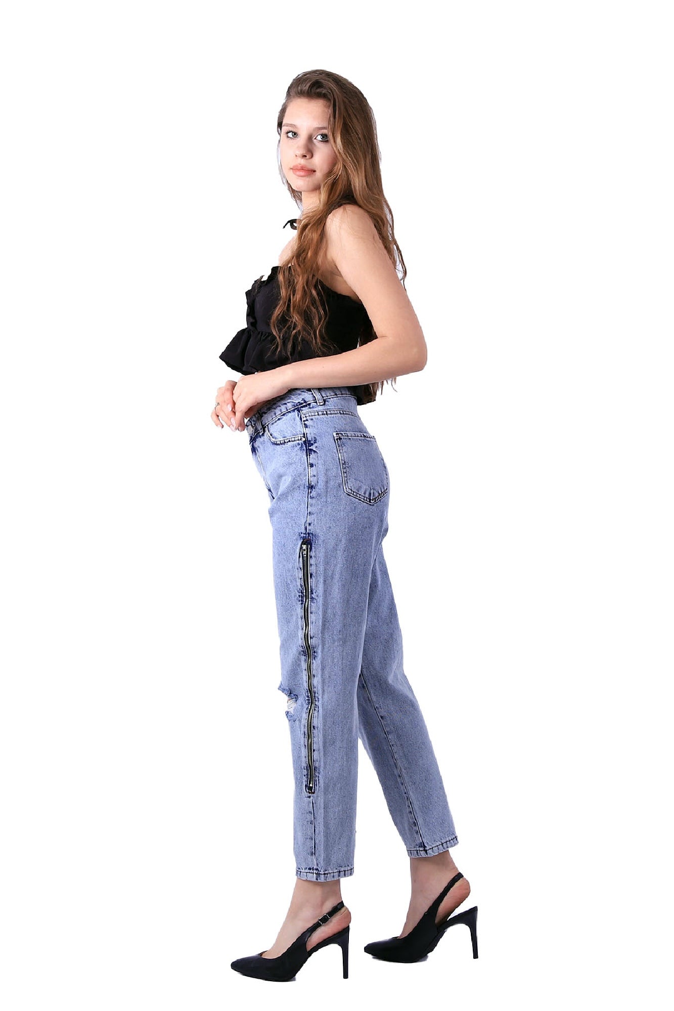 Yanı Fermuarlı Mom Kot Pantolon 717