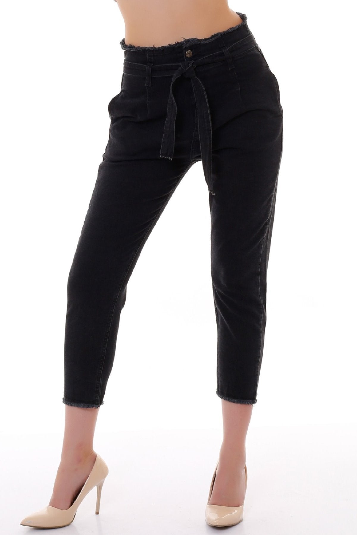 Beli Yüksek Bel Havuç Kemerli Kot Pantolon 736
