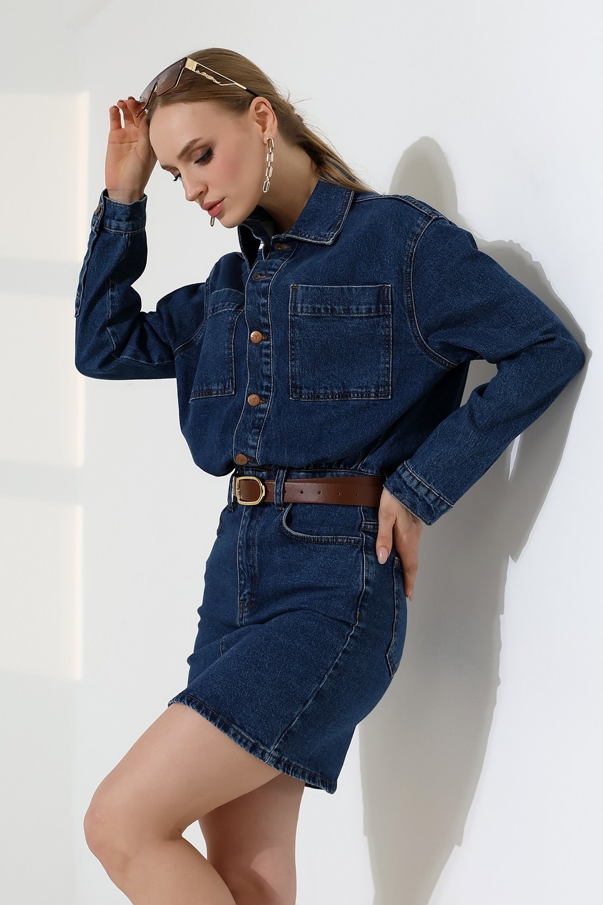 Düğmeli Mini Kot Elbise 3027