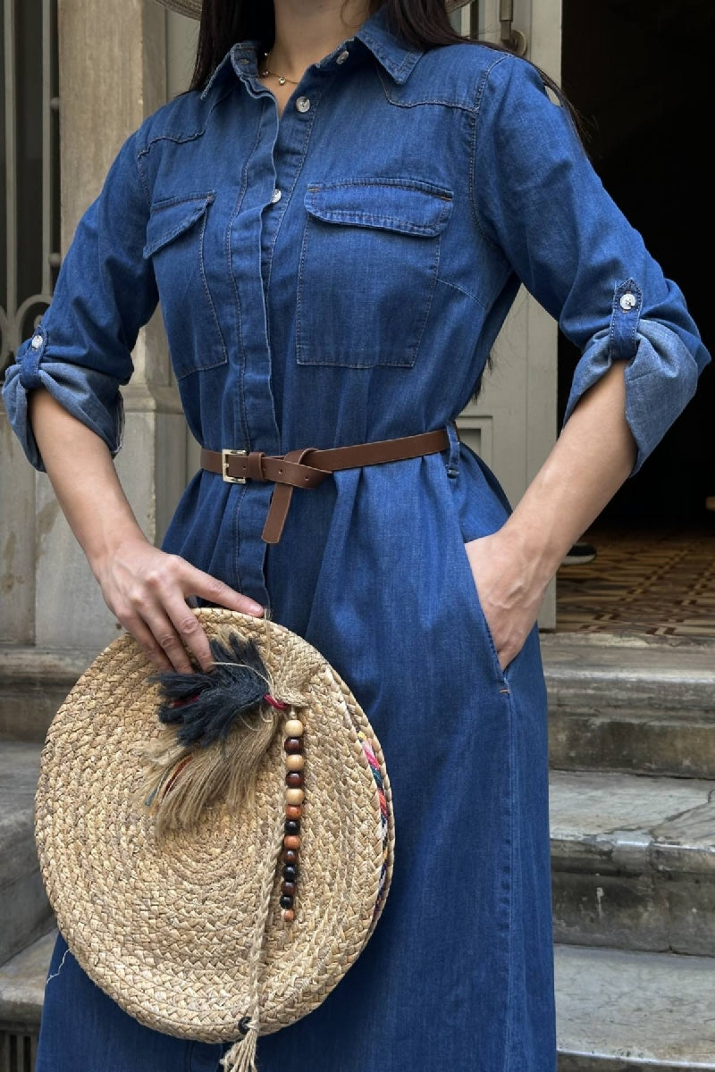 Düğmeli Uzun Elbise 3039