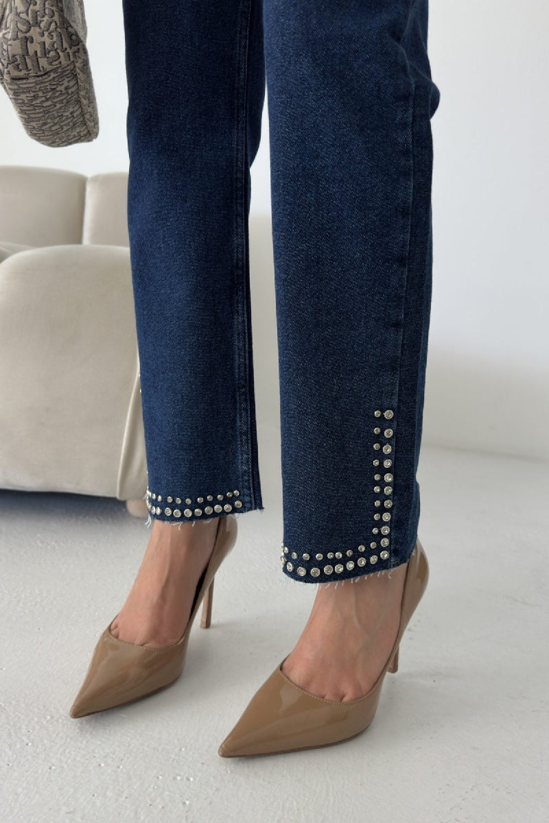 Taşlı Mom Fit Kot Pantolon 7023