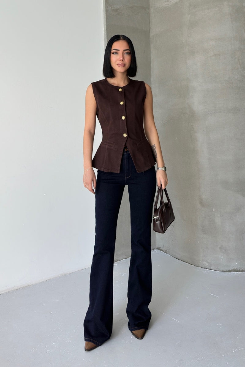 Belden Oturtmalı Düğmeli Kot Yelek 6086