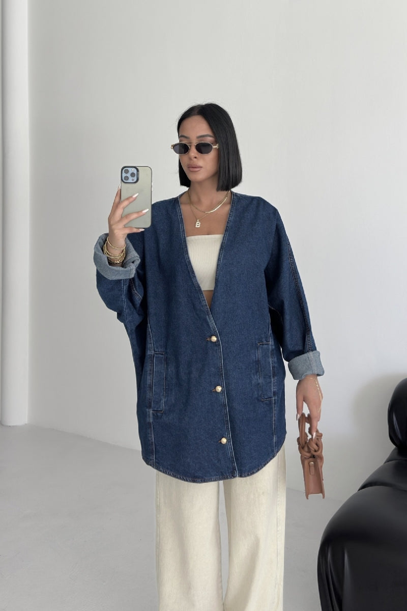 Oversıze Yarasa Kollu Kot Ceket 6059