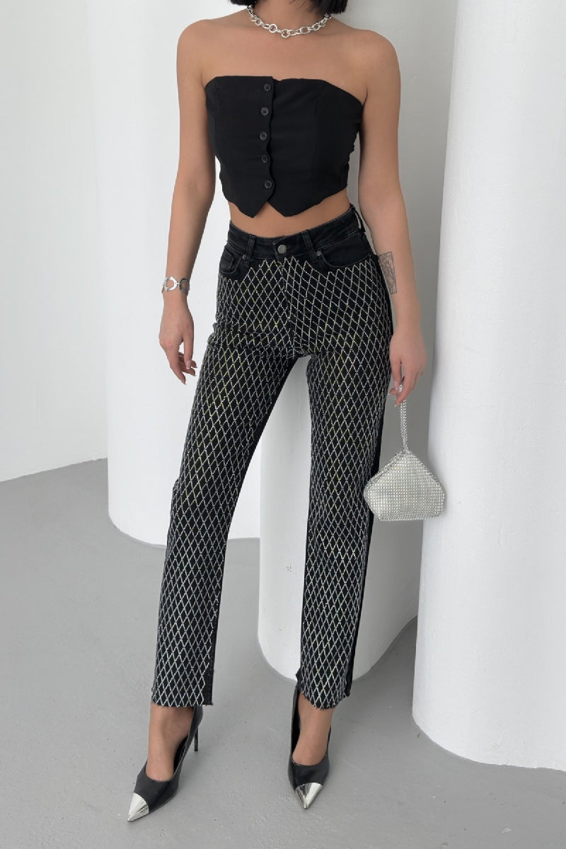 Taşlı Mom Fit Kot Pantolon 7092