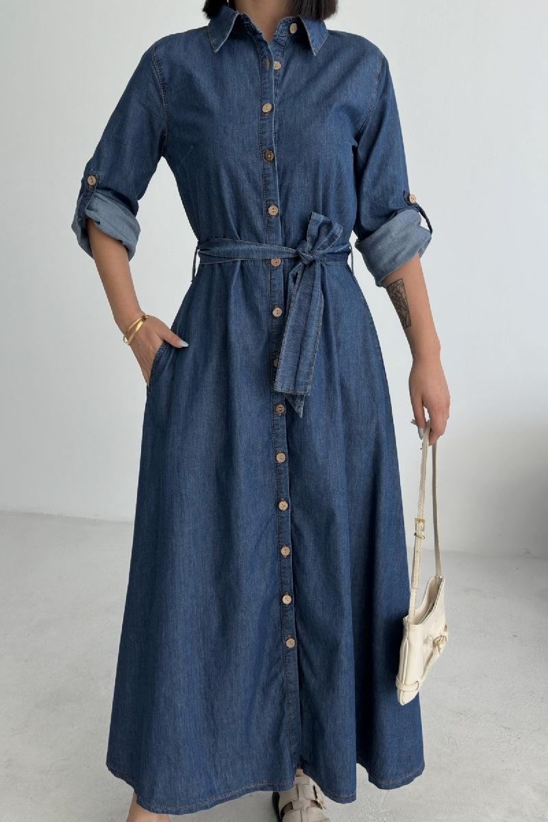 Düğmeli Uzun Boy Kot Elbise 3047