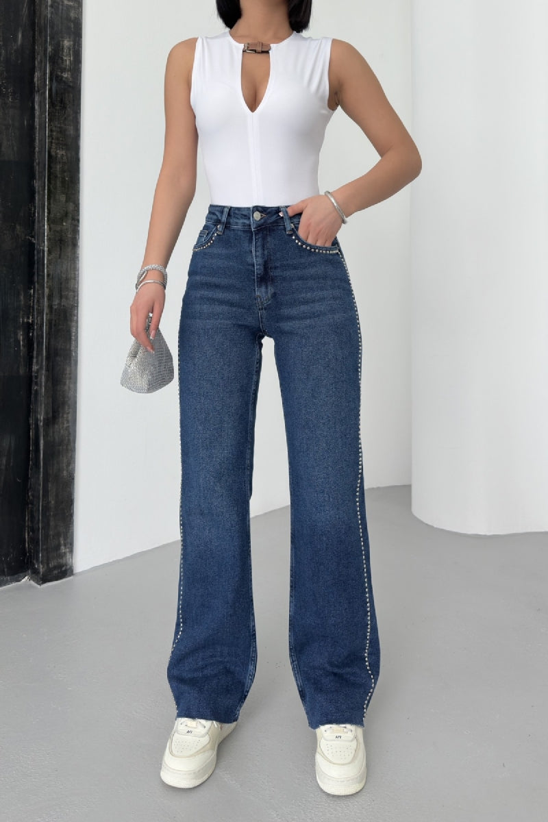 Taşlı Straight Kot Pantolon 7112