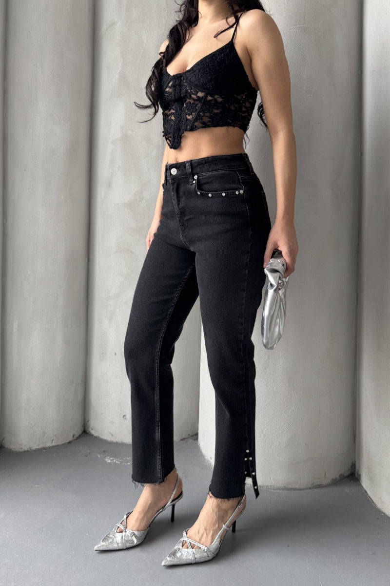 Yanı Yırtmaçlı Flare Paça Mom Kot Pantolon 1774