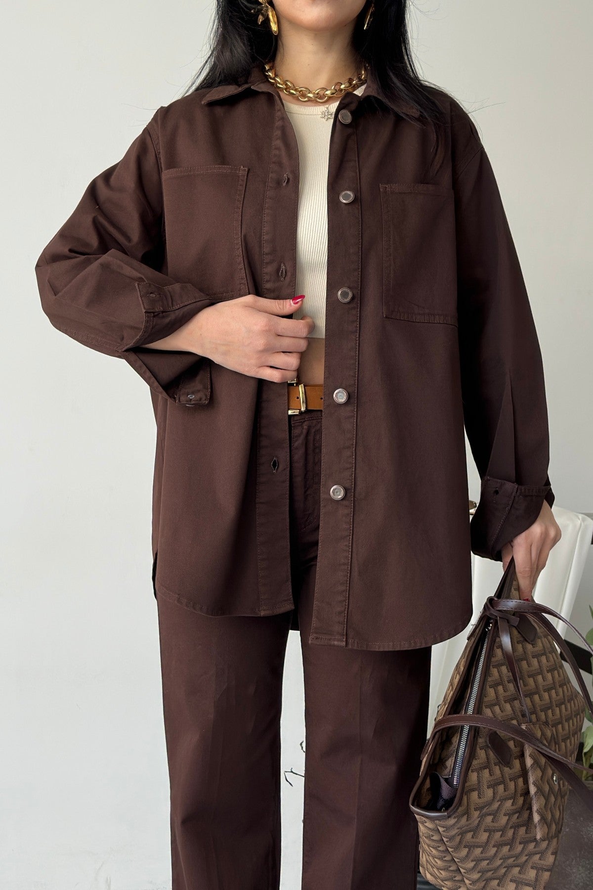 Düğmeli Oversize Kot Gömlek 6080