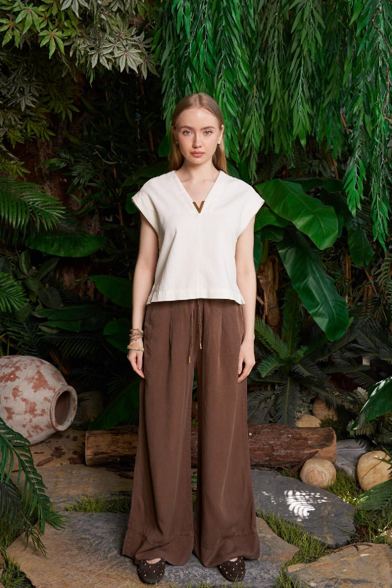 Paça Detaylı Lastikli Keten Pantolon HS700