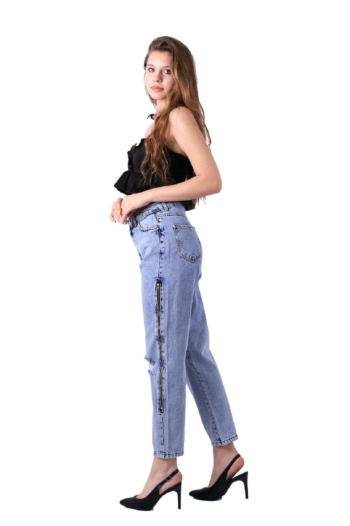 Yanı Fermuarlı Mom Kot Pantolon 717
