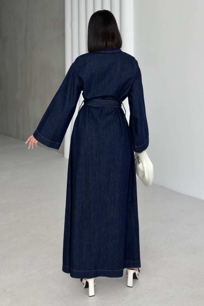 Kuşaklı Uzun Kot Elbise 3035