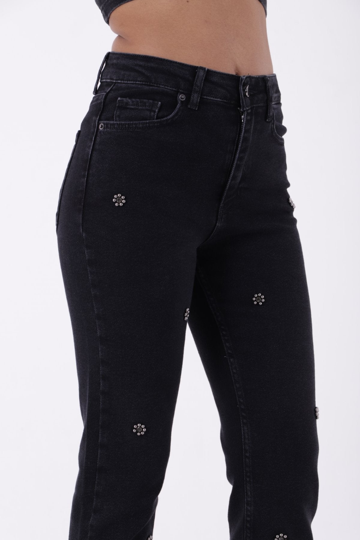 İncili Çiçek Desenli Mom Fit Kot Pantolon 7022