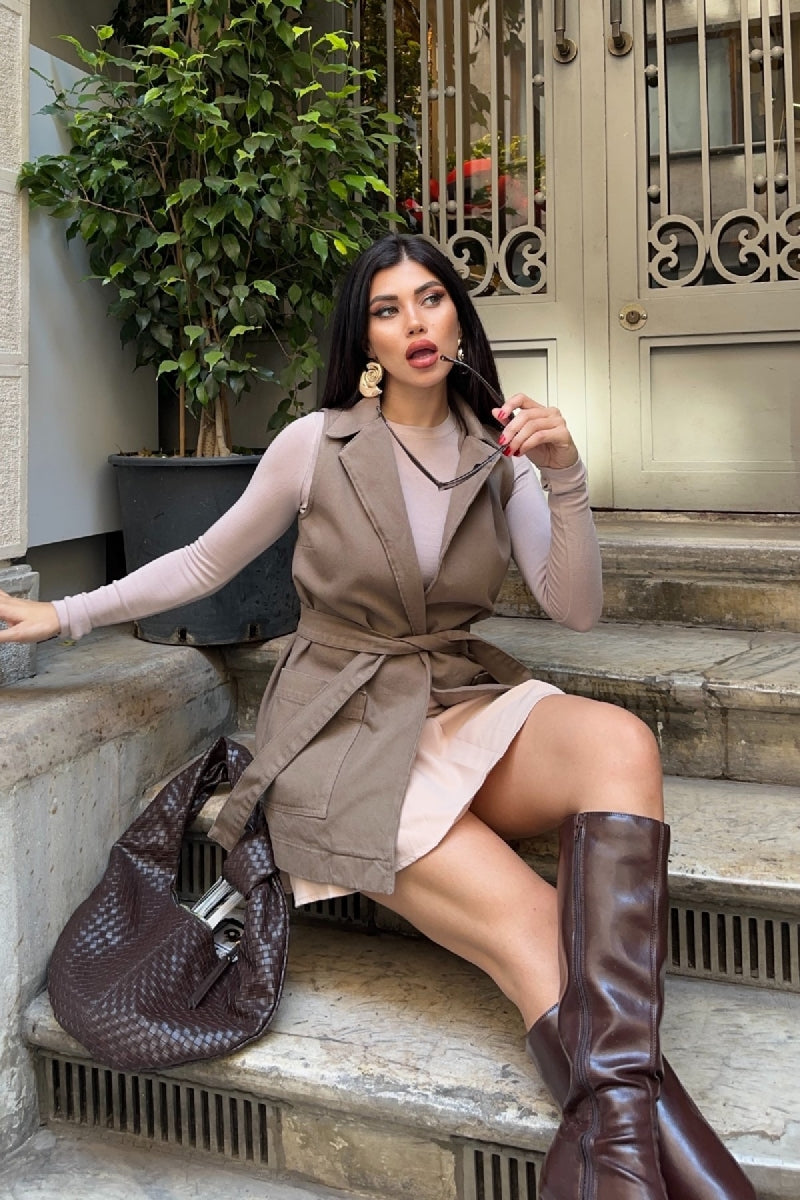 Kuşaklı Kruvaze Yaka Yelek 6137