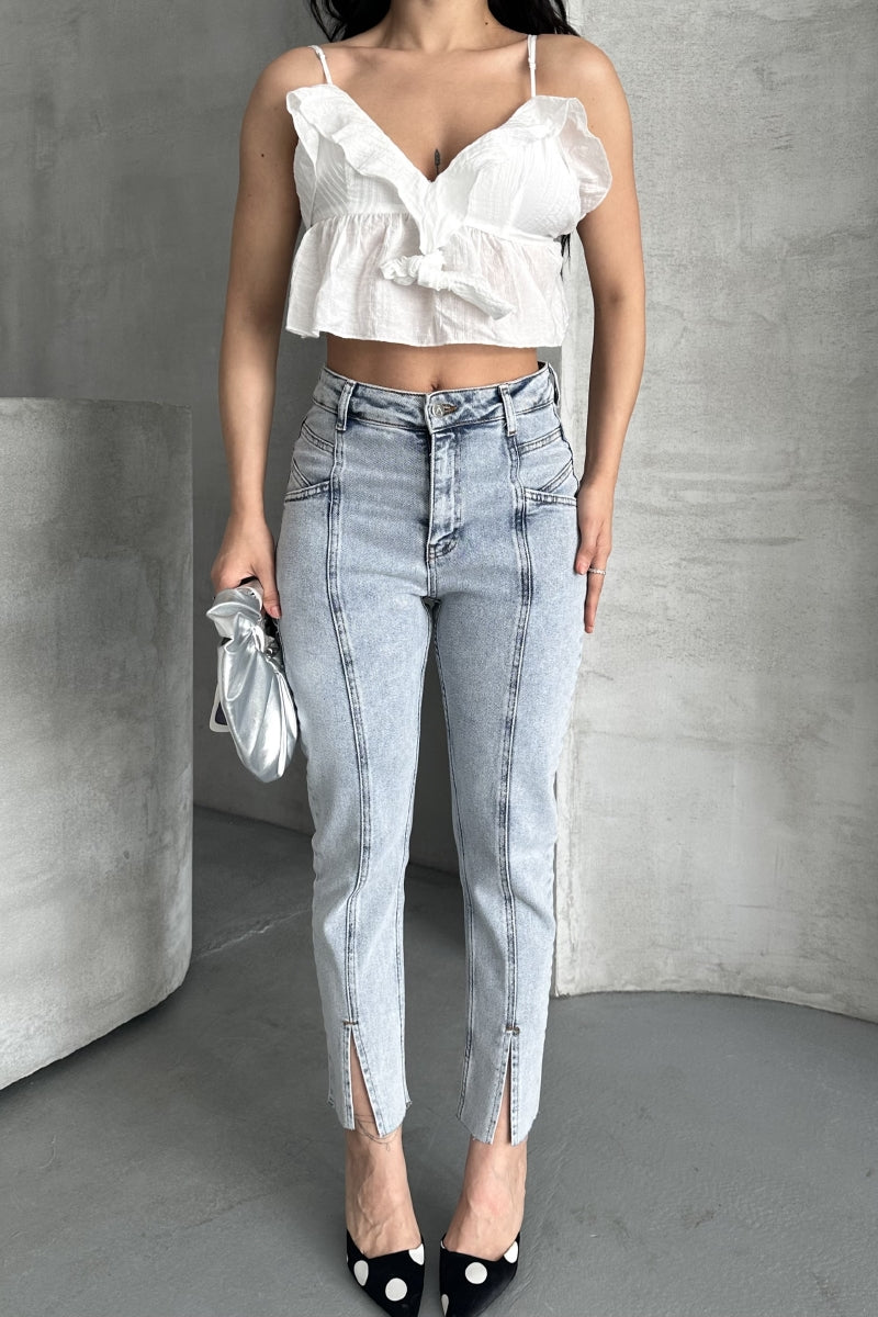 Parçalı Önü Yırtmaçlı Dikişsiz Paça Pantolon 1743