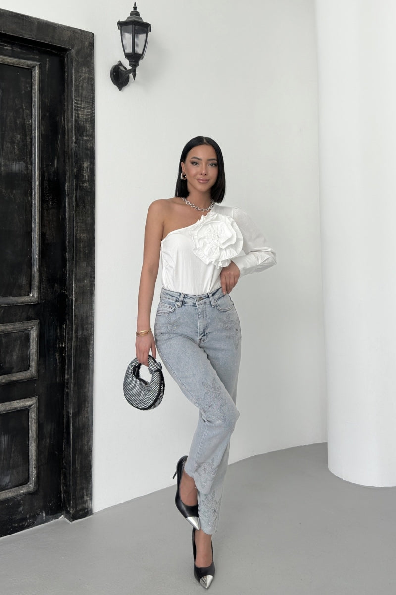 Taşlı Mom Fit Kot Pantolon 7116