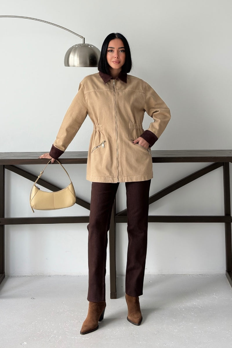 Kadife Detaylı Fermuarlı Kot Ceket 6129