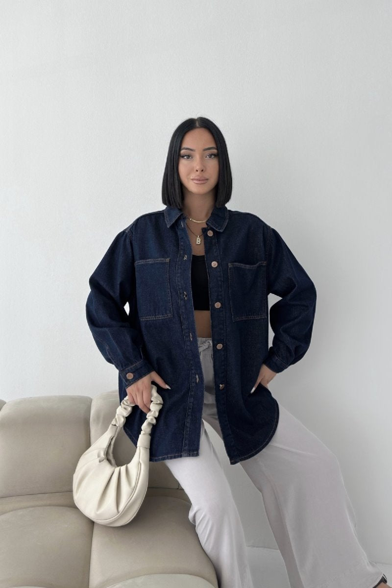 Düğmeli Oversize Kot Gömlek 6080