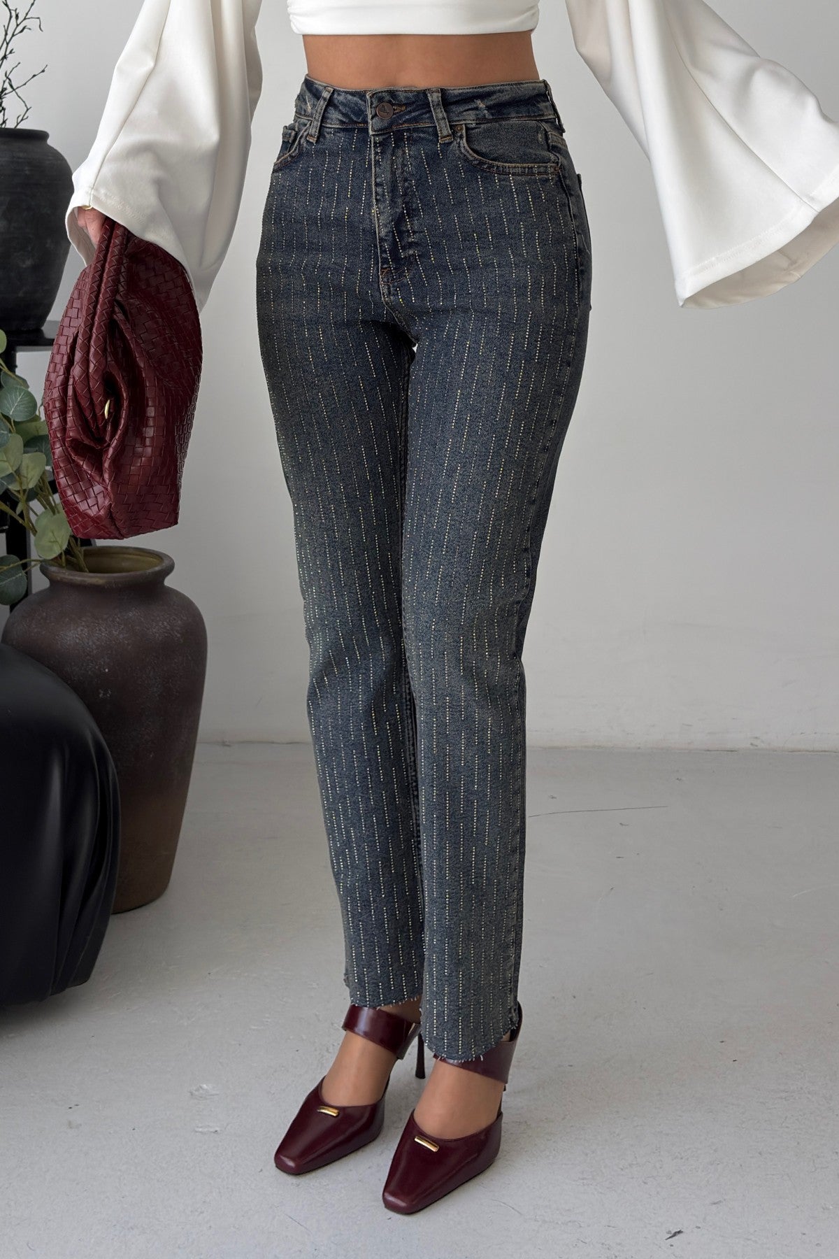 Taşlı Mom Fit Kot Pantolon 7218