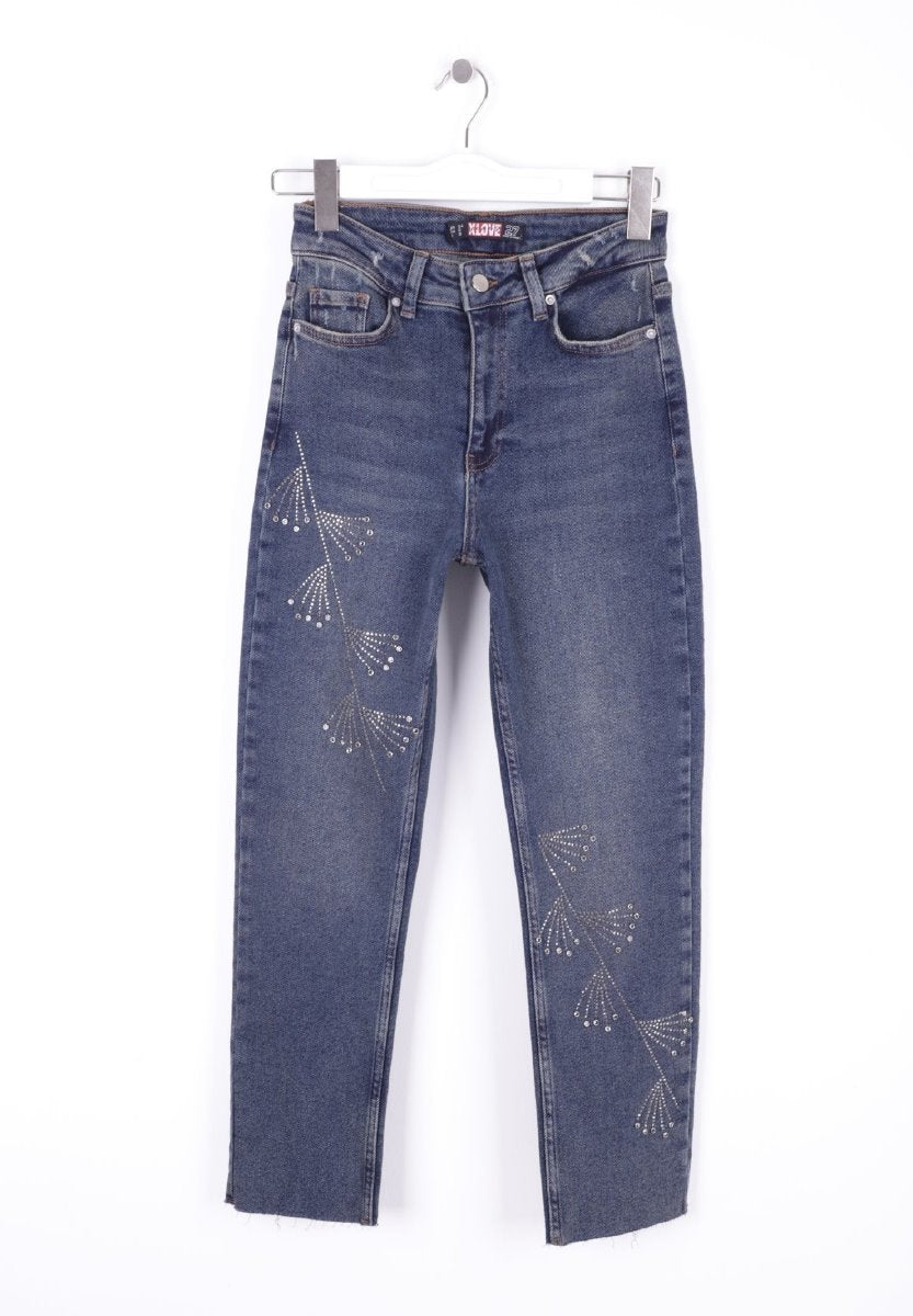 Çapraz Taşlı Mom Fit Kot Pantolon 7054