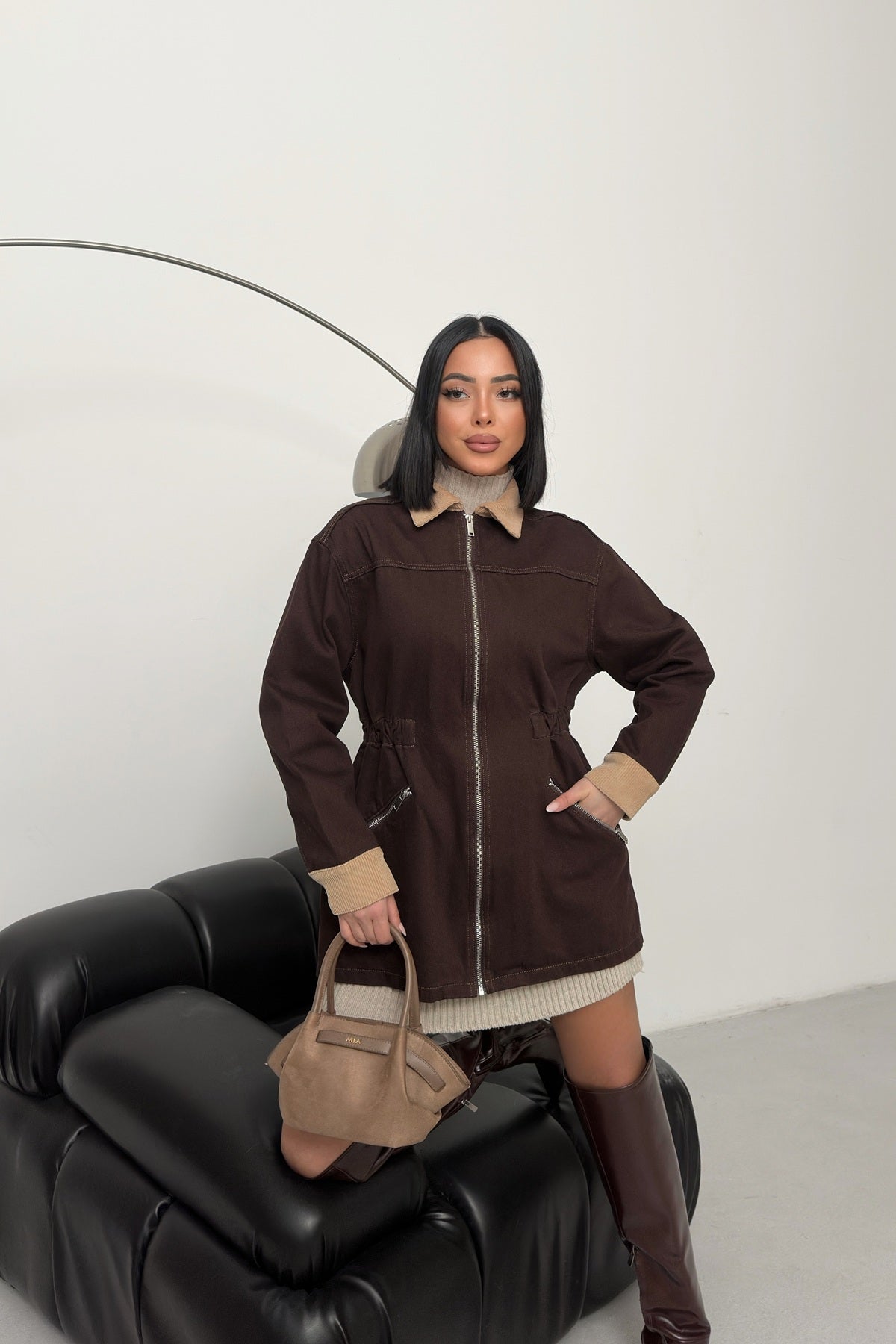 Kadife Detaylı Fermuarlı Kot Ceket 6129