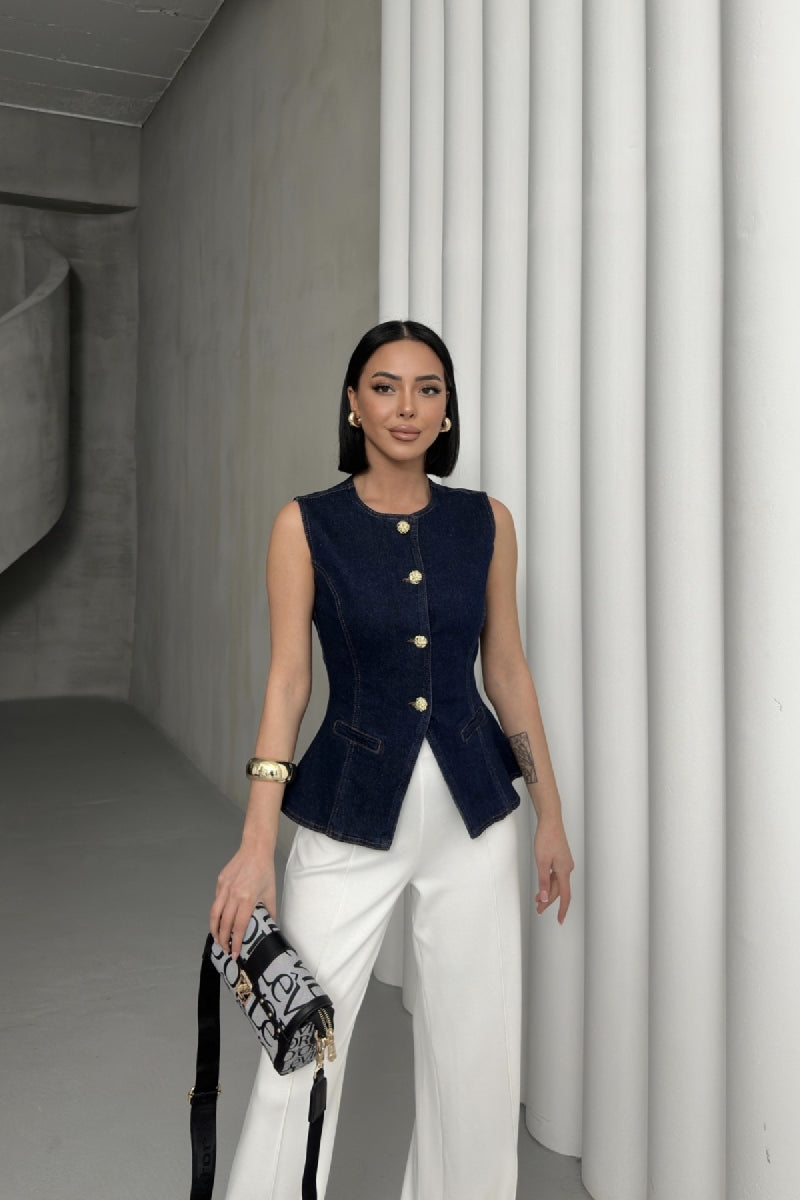 Belden Oturtmalı Düğmeli Kot Yelek 6086