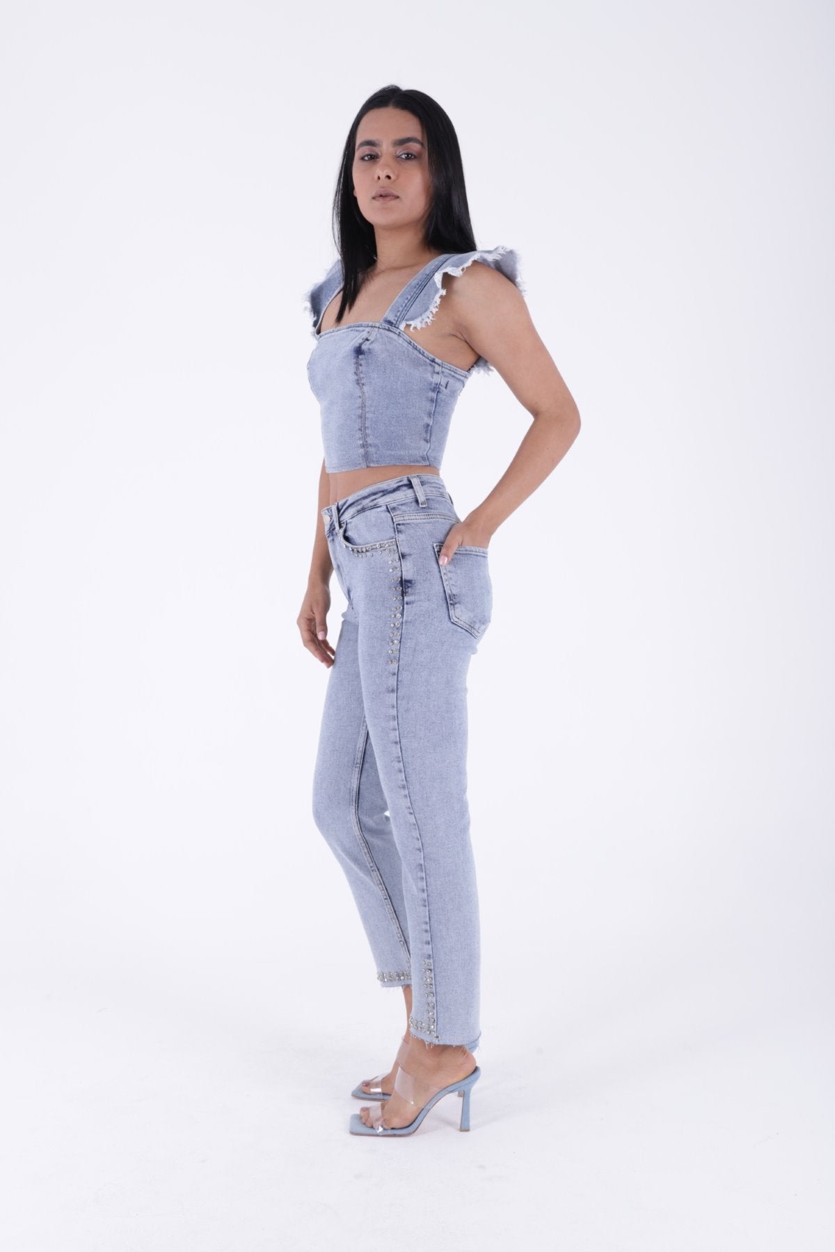 İncili Çiçek Desenli Mom Fit Kot Pantolon 7022