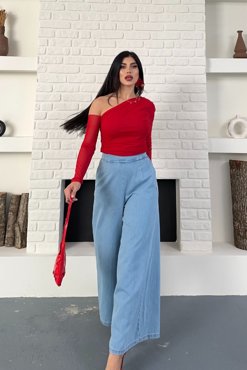 Arkası Lastikli Bol Paça Kot Pantolon 7120