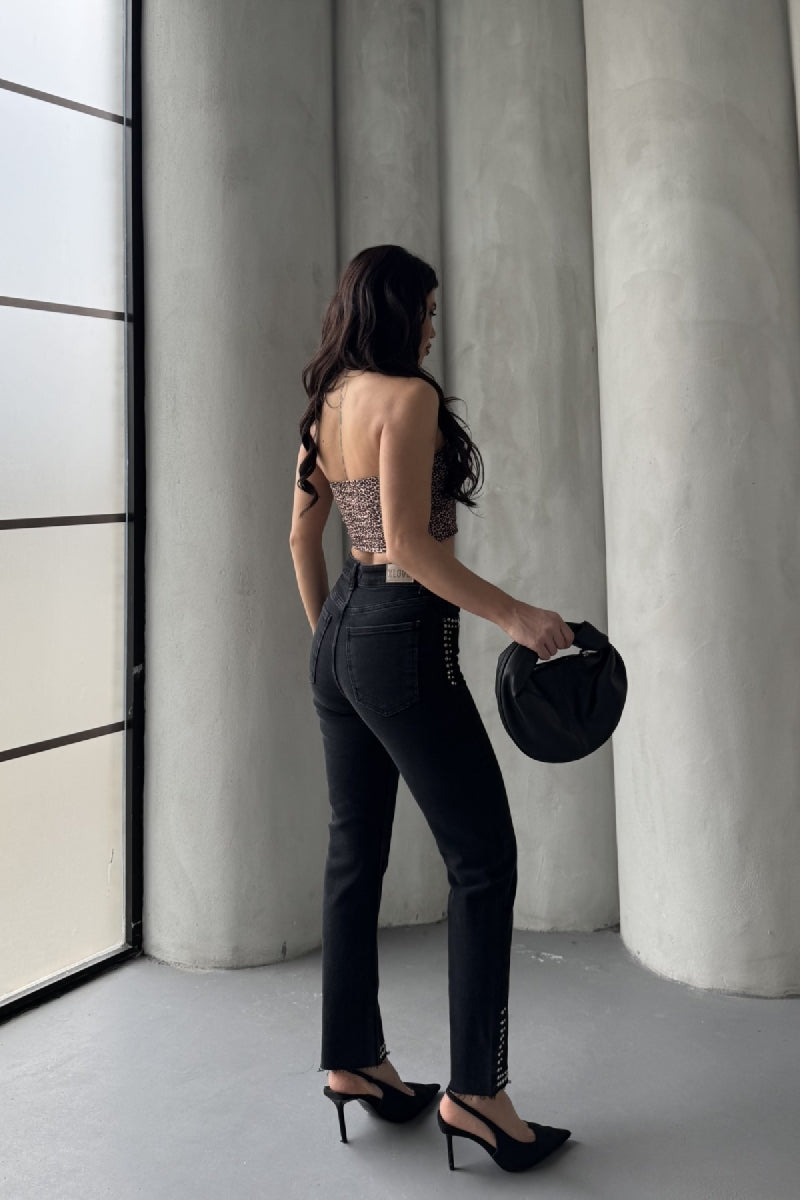 Taşlı Mom Fit Kot Pantolon