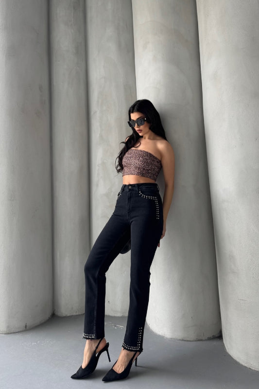 Taşlı Mom Fit Kot Pantolon