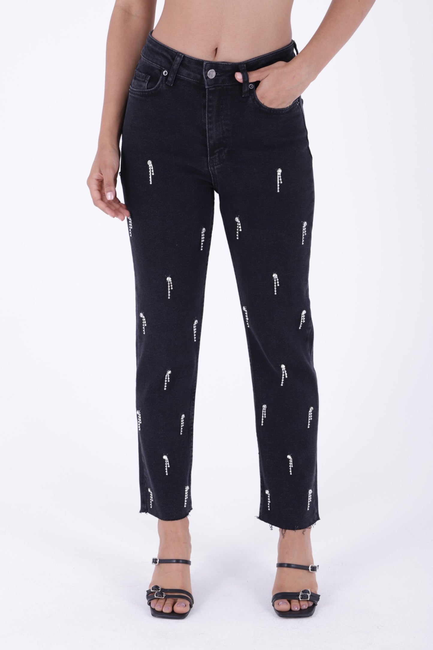 Damla Taşlı Mom Fit Kot Pantolon