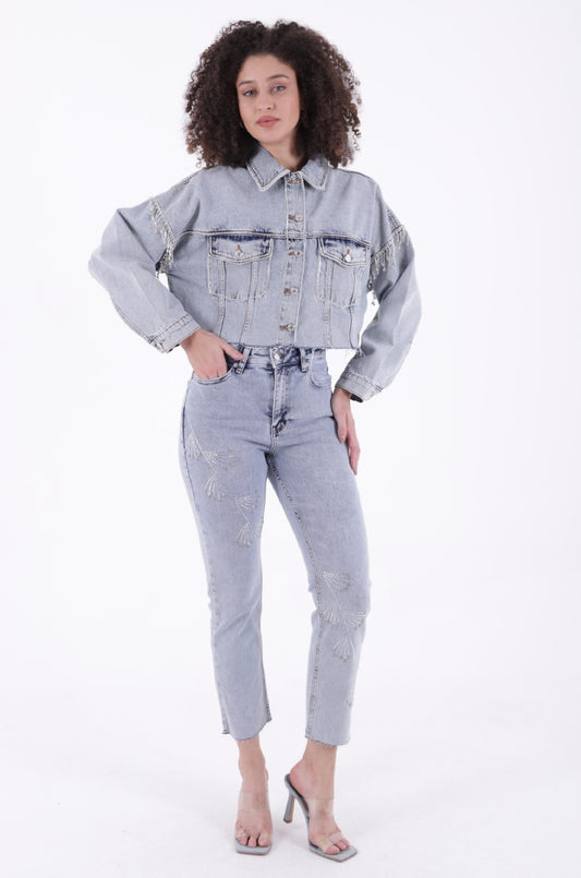 Çapraz Taşlı Mom Fit Kot Pantolon