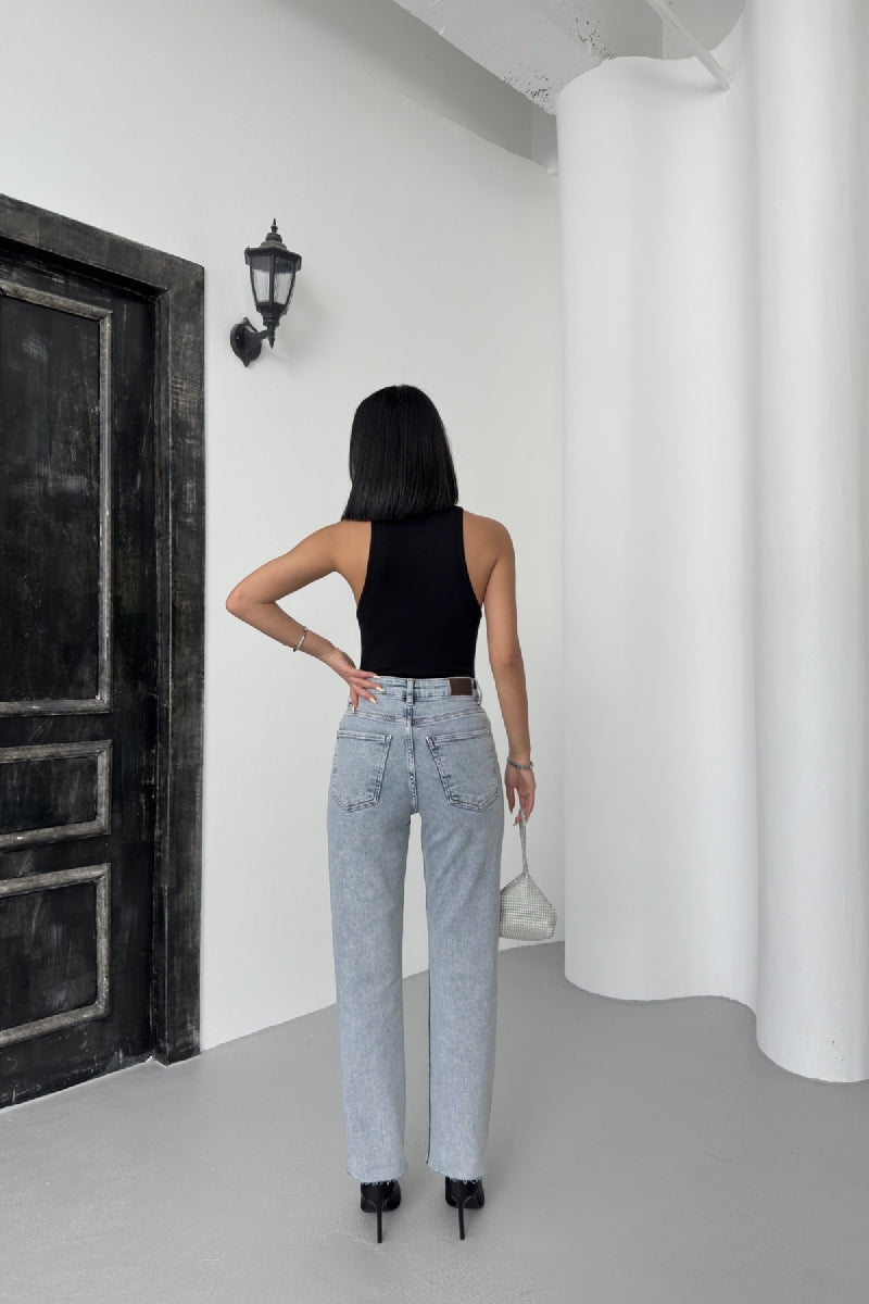 Leopar Taşlı Mom Fit Kot Pantolon